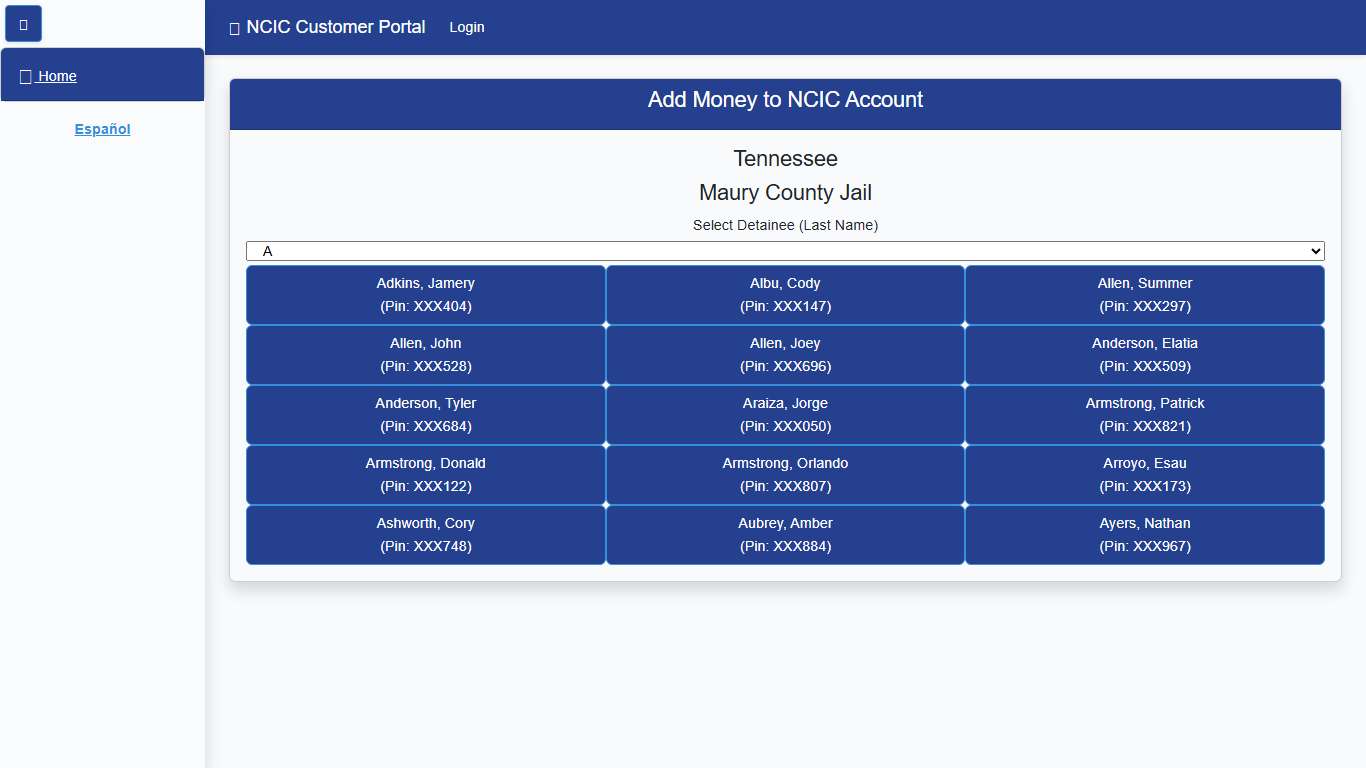NCIC Customer Portal Maury County Jail > Detainee Phone Service | Collect Call > NCIC Deposit